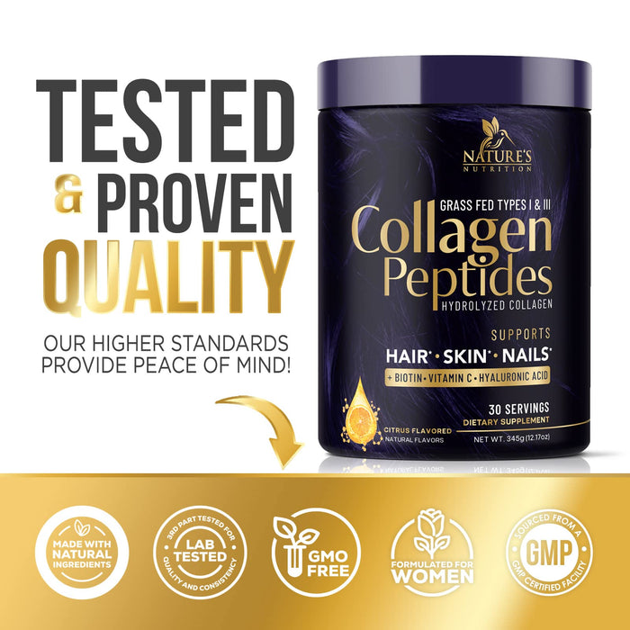 Collagen Peptides Powder With Hyaluronic Acid and Biotin, Citrus Flavored 10g Grass Fed Collagen Powder for Women with Type I & III Collagen Supplements, Hair, Nail, Skin & Joint Support - 30 Servings