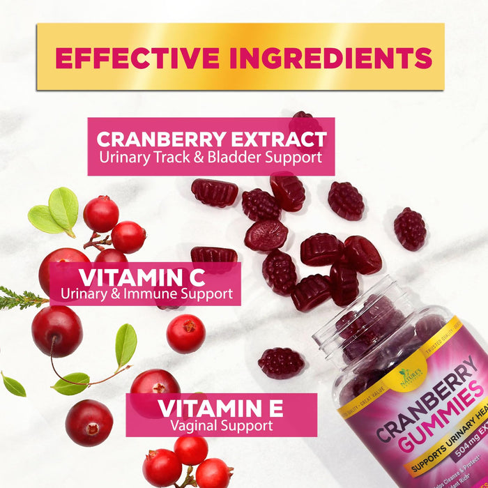 Nature's Nutrition Cranberry Urinary Tract Health Gummies + Vitamin C - 25,000mg - Triple Strength Cranberry Concentrate Extract Supplement Pills, Ultimate Potency, Non-GMO, Gluten Free