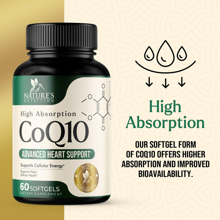 CoQ10 100mg Coenzyme Q10 Softgels - Superior Absorption, Antioxidant for Heart Health & Cellular Energy Support - Nature's Co Q10 Supplement, Non-GMO & Gluten Free - 60 Softgels