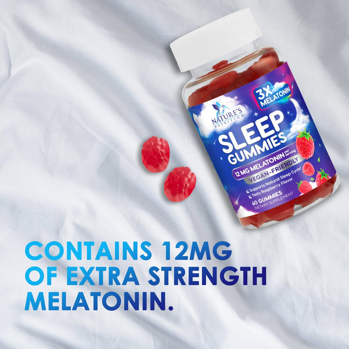 Sleep Melatonin Gummies, Extra Strength Natural Melatonin Gummy 12mg, Nature's Berry Flavor, Sleep Support Vitamin Supplement for Adults, Non-GMO, Vegan