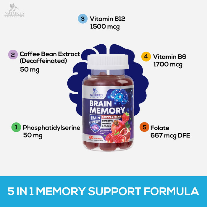Nature's Nutrition Nootropic Brain Booster Memory Supplement Gummy for Concentration & Mental Focus - Brain Health & Energy with B12, Phosphatidylserine, Coffee Extract, Nature's Vitamins for Men & Women