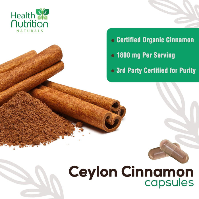 Pure Ceylon Cinnamon Capsules - Certified Organic Cinnamon Pills, Non-GMO, Dairy & Gluten Free, Sri Lanka Cinnamon Supplements, Vegan True Cinnamomum Vitamins, Sugar Free, Cinnamon Capsules