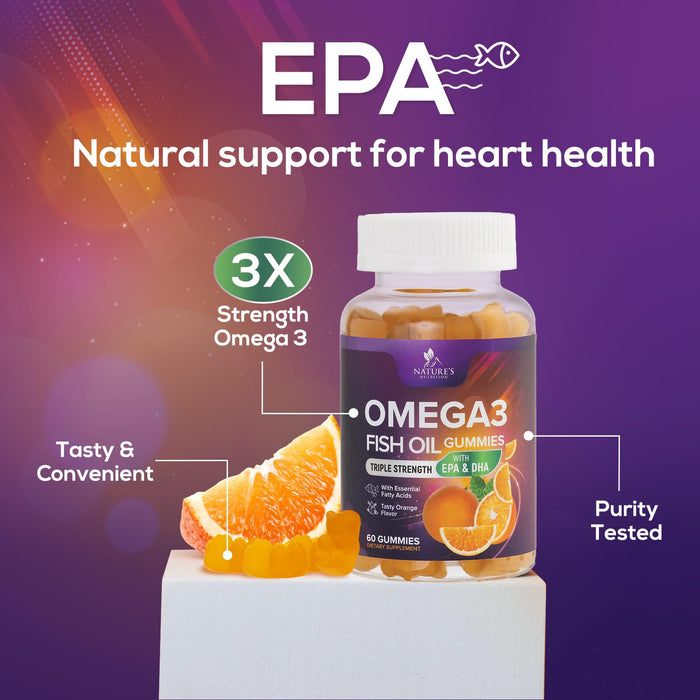 Omega 3 Fish Oil Gummies for Adults, Heart Healthy Omega 3 Supplement Gummies with DHA & EPA, Extra Strength Joint & Brain Support Omega3 Fish Oil Gummy Vitamin, Orange Flavor - 60 Fish Oil Gummies