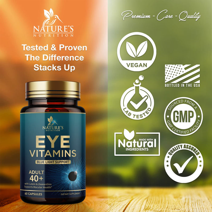 Nature's Nutrition Eye Vitamins with Lutein, Zeaxanthin, Bilberry & Zinc, Supports Eye Strain, Vision Health & Dryness for Adults with Vitamins C & E, Non-GMO, Vegan Eye Vitamin & Mineral Supplement