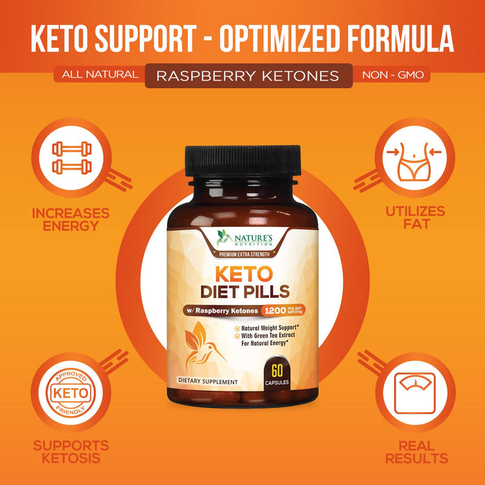 Keto Pills 1200mg - Advanced Support Lean Keto Diet Pills - Use Fat for Energy & Focus in Ketosis - Ultra Fast Prime Keto Supplement for Women & Men - Nature's Optimal Max Keto - 60 Capsules