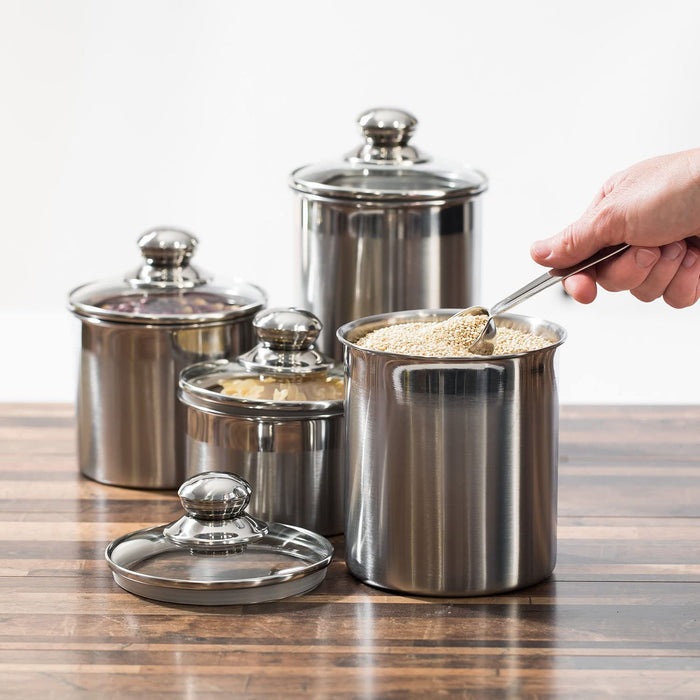 SILVERONYX SO Airtight Canisters Sets for the Kitchen Counter - Stainless Steel Food Storage Containers with Glass Lids for Tea Coffee Sugar Flour Baking Dry Storage, Canister for Pantry