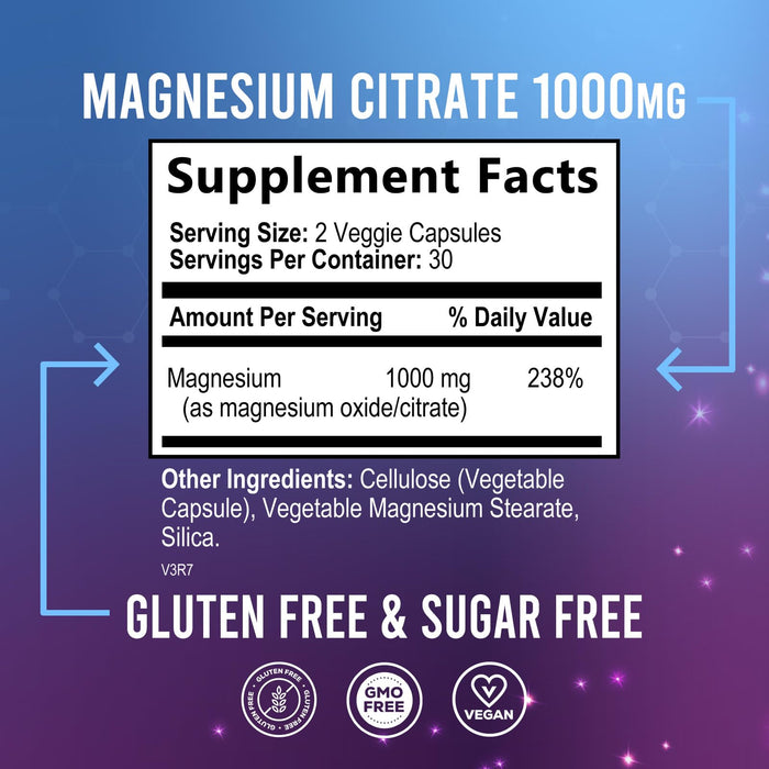Magnesium Citrate 1000mg - Max Strength Magnesium Capsules for Muscle, Nerve, Bone and Heart Health Support, Natural Sleep Support, High Absorption Citrate Oxide Powder Complex
