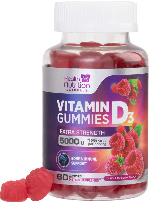 Vitamin D3 Gummies 5000IU (125mcg), Vitamin D Gummy for Immune Health Support, Delicious Raspberry Flavor, Gluten Free Vegetarian GMO-Free Chewable - Bone Support for Adults, Men, Women