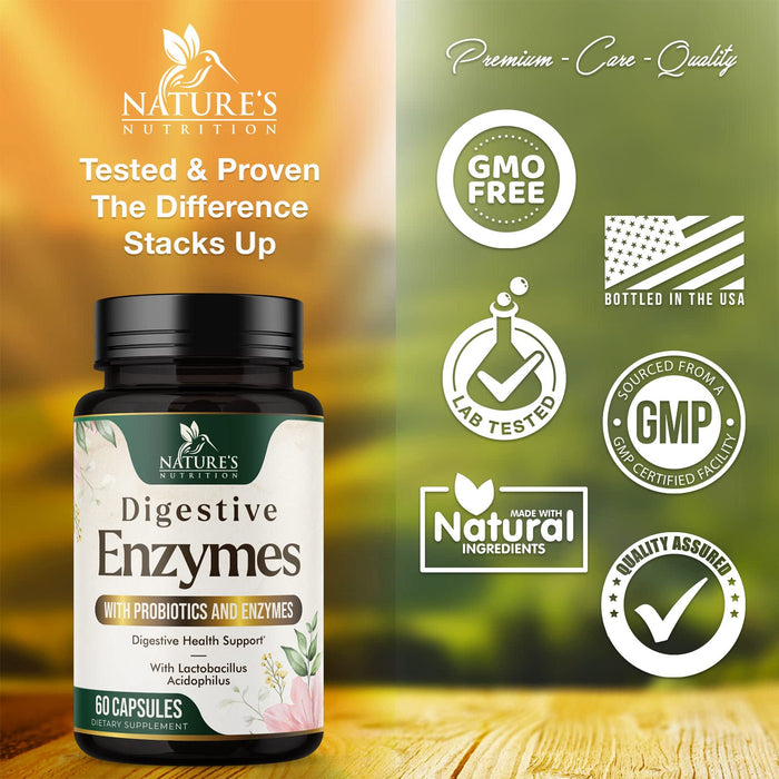 Nature's Nutrition Digestive Enzymes with Probiotics and Bromelain - Extra Strength Multi Enzyme Digestion Gut Health Support Supplement for Women and Men - Supports Gas and Bloating, Non-GMO