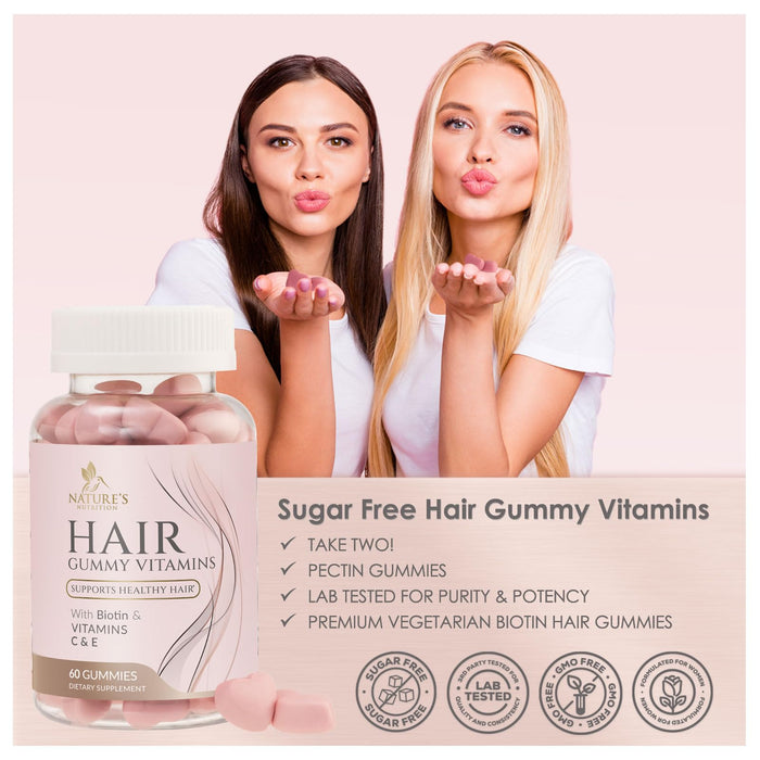 Hair Gummy Vitamins, Sugar Free with Biotin 5000 mcg, Vitamin A, B12, C, D, E, Folic Acid, Supports Hair Growth, Vegetarian Friendly, for Strong, Beautiful Hair and Nails, Non-GMO - 60 Gummies