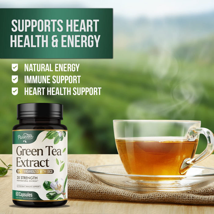 PureTea Green Tea Extract Pills 1000mg with EGCG - 98% Standardized Polyphenols - 3X Absorption Green Tea Capsules for Natural Energy - Heart Support with Antioxidants, Gentle Caffeine