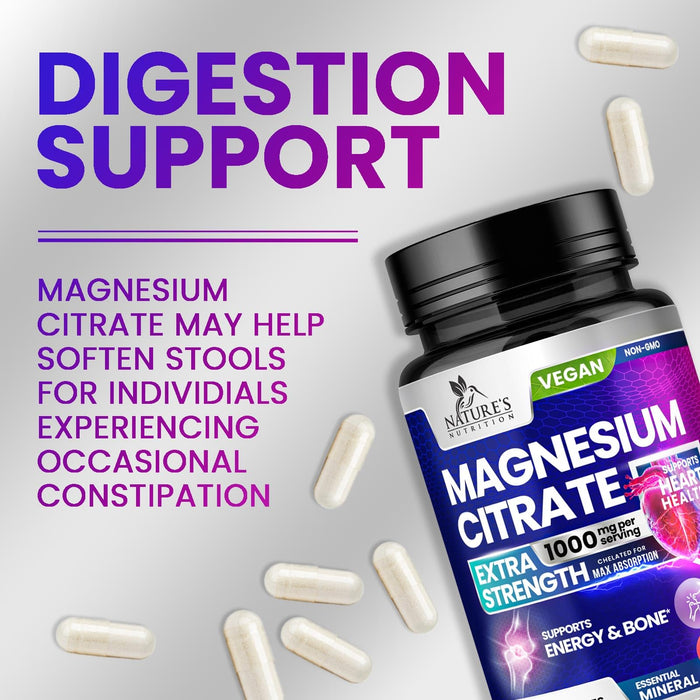 Magnesium Citrate Extra Strength 1000mg - Chelated for Max Absorption, Magnesium Capsules for Bone, Muscle & Heart Health Support, Magnesium Citrate Supplement