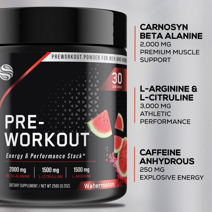 Pre Workout Powder with Beta-Alanine Amino Acids for Muscle Support, Caffeine for Energy, & L-Citrulline for Workout Performance - Drink For Women & Men, Keto Friendly, Watermelon - 30 Servings