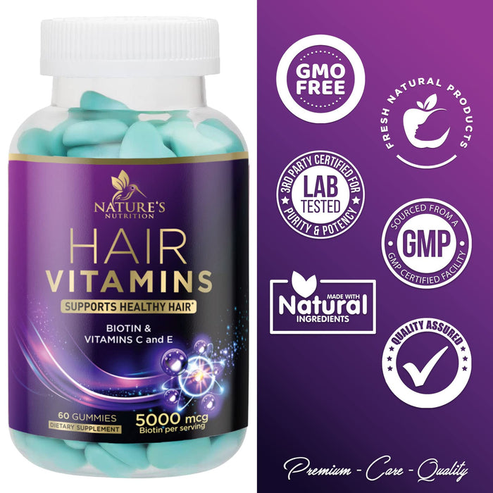 Hair Vitamins Gummy, with Biotin 5000mcg and Vitamins E & C, Advanced Hair Growth Support Gummies for Stronger, Beautiful Hair, Skin & Nails, Nature's Hair Supplement for Women & Men - 60 Gummies