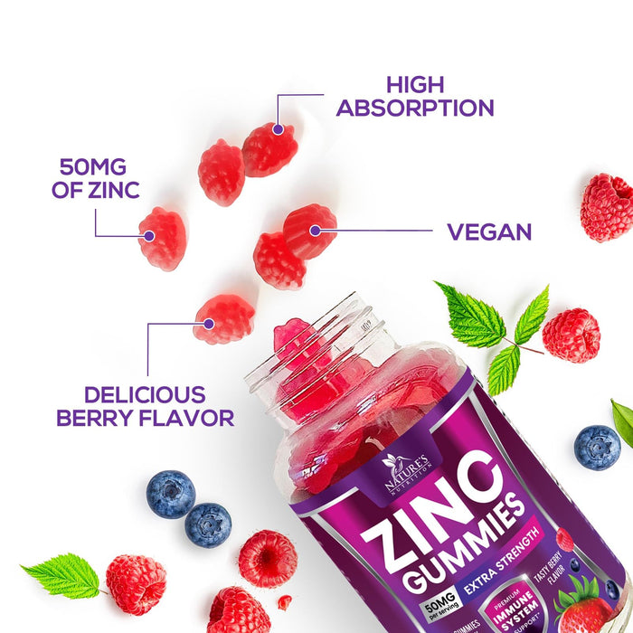 Zinc Gummies - 50mg - Extra Strength Immune Health Support Gummy & Antioxidant Supplement, Dietary Supplement Zinc Vitamin, Vegan, Non-GMO and Gluten Free Formula, Berry Flavor