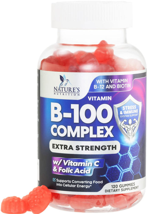 Nature's Nutrition - Nature’s Super B Complex Gummy with Vitamin C & Folic Acid, Extra Strength Vitamin B Supplement Complex with Niacin, B6, Folic Acid, B12, Biotin