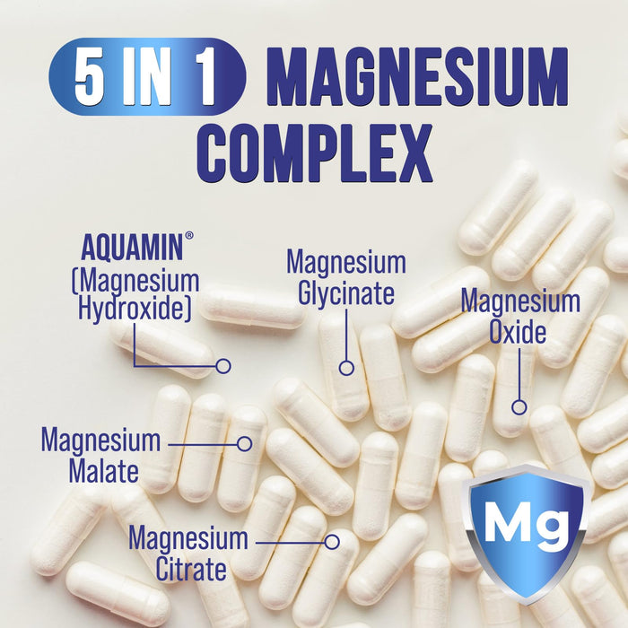 Magnesium Complex 500mg - Magnesium Supplement with Glycinate, Oxide, Malate, Citrate - High Absorption Chelated Magnesium Capsules for Muscle, Heart, Bone, Nerve Support, Non-GMO