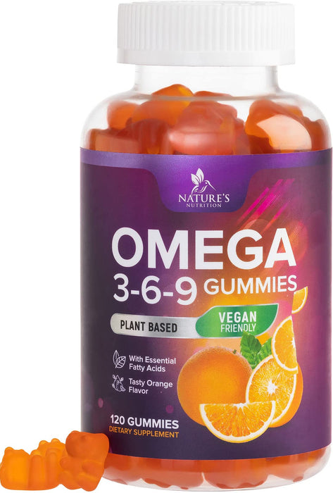 Omega 3 6 9 Vegan Gummies - Triple Strength Omega 3 Supplement Essential Oil Gummy - Supports Heart, Brain & Immune Health for Women, Men, Kids, & Pregnant Women, Non-GMO, Orange Flavor