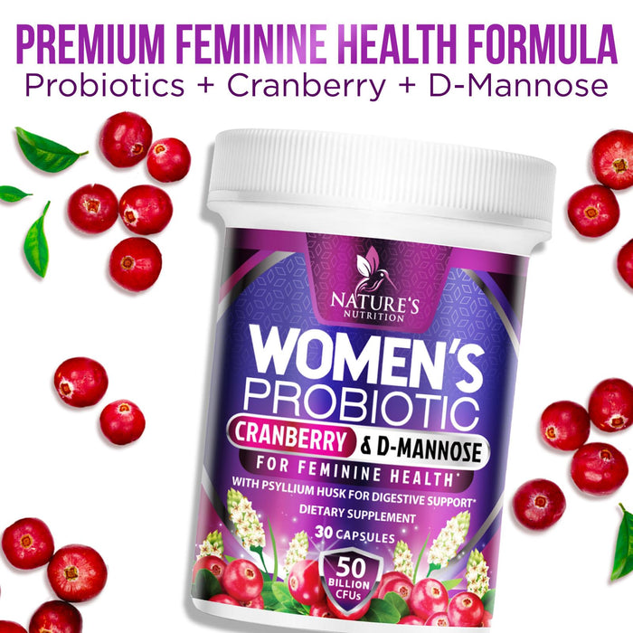 Probiotics for Women with Prebiotics & Cranberry, 50 Billion CFU, Vaginal Women's Probiotic for Immune & Digestive Health, D-Mannose for Urinary Health, Shelf Stable No Soy Gluten Dairy - 30 Capsules