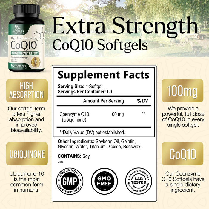CoQ10 100mg Coenzyme Q10 Softgels - Superior Absorption, Antioxidant for Heart Health & Cellular Energy Support - Nature's Co Q10 Supplement, Non-GMO & Gluten Free - 60 Softgels