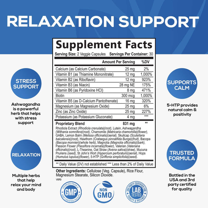 Nature's Nutrition Calm & Stress Support Supplement - with Magnesium, Ashwagandha, 5-HTP, L-Theanine, GABA - Natural Stress & Immune Support to Relax, Focus, Unwind - Vegan & Non-GMO