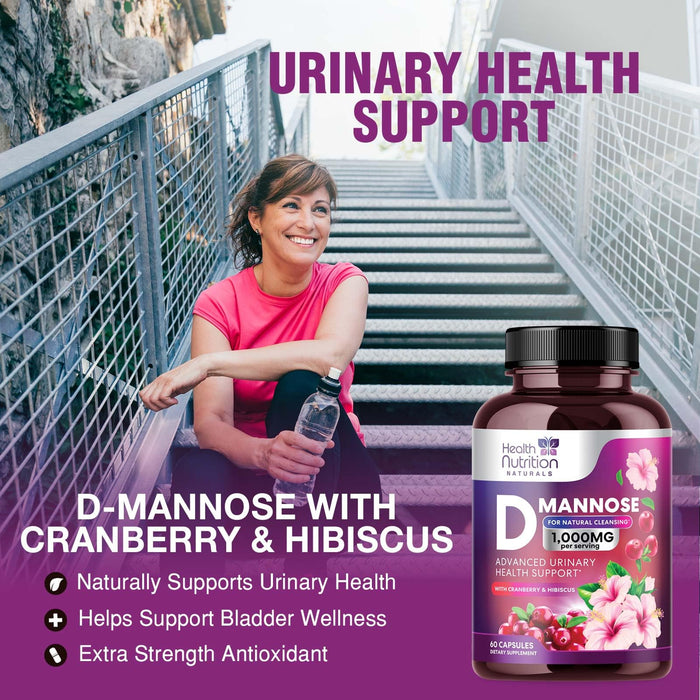 D-Mannose & Cranberry Extract 1350mg, Fast-Acting to Support Natural Urinary Tract Health for Women & Men, Non-GMO & Vegan, Flush & Cleanse Impurities in Urinary Tract & Bladder