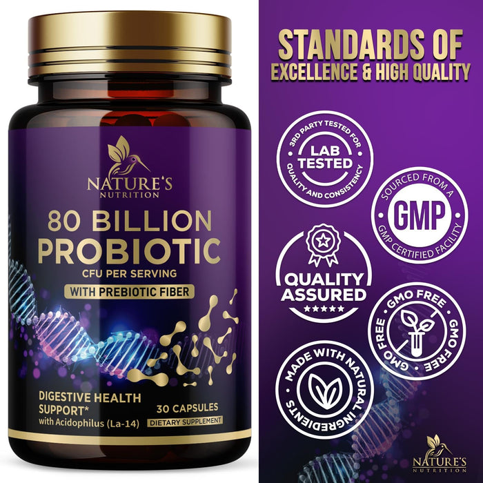 Nature's Nutrition Probiotics 80 Billion CFU + Prebiotics, Acidophilus Probiotic Supports Immune System & Digestive Health, Supports Occasional Constipation, Supplement for Women Feminine Health