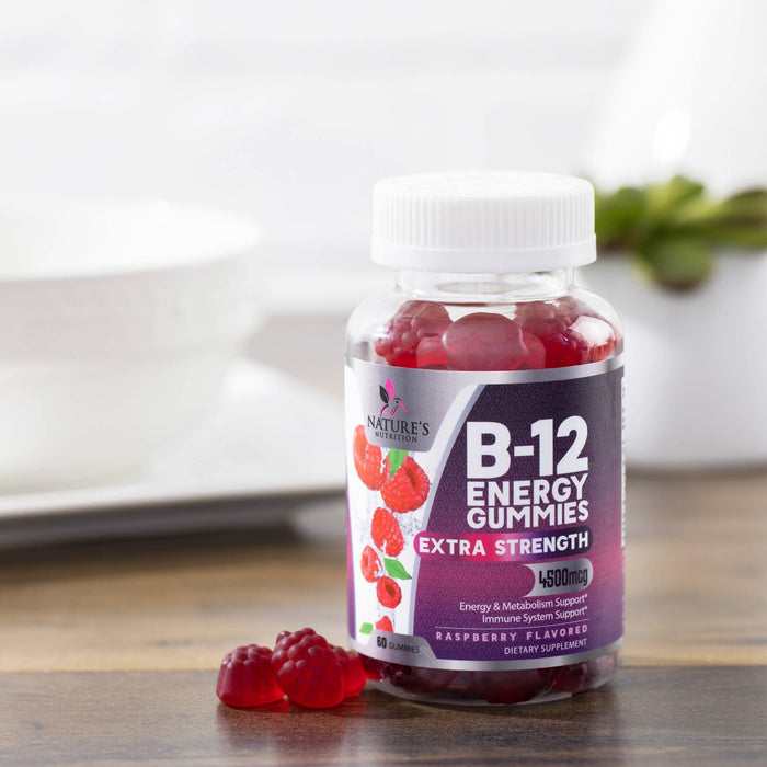 Nature's Nutrition Vitamin B12 Energy Gummies 4500 mcg for Metabolism & Nervous System Health Support, Berry Flavor Gummy B-12 Chewable Supplement for Men & Women, Caffeine Free, Vegan