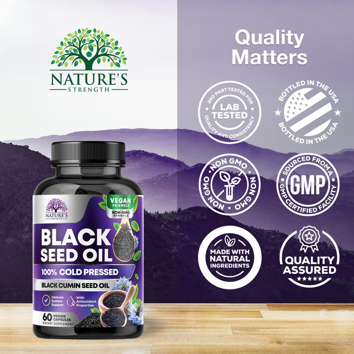 Black Seed Oil - 100% Cold Pressed Blackseed Oil, Vegan 1000mg - Extra Strength Nigella Sativa for Joint, Hair, Skin & Immune Support, Pure Black Cumin Seed Oil Antioxidant, Non-GMO - 60 Capsules