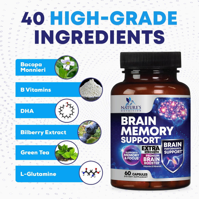Nootropic Brain Supplement for Memory, Focus & Concentration - Cognitive Support Brain Booster Supplement with Phosphatidylserine & DMAE Bacopa - Brain Vitamins for Men & Women, Non-GMO