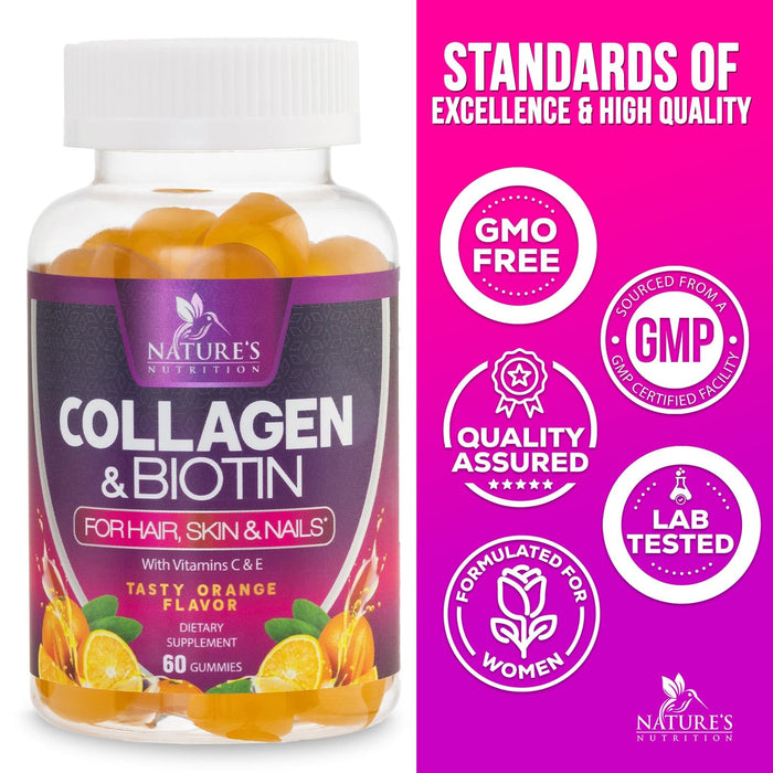 Collagen & Biotin Hair Vitamin Gummies - Extra Strength for Healthy Hair, Skin & Nails Growth Support - Collagen Peptides Gummy Supplement with Vitamins C & E - Orange Flavored, Non-GMO