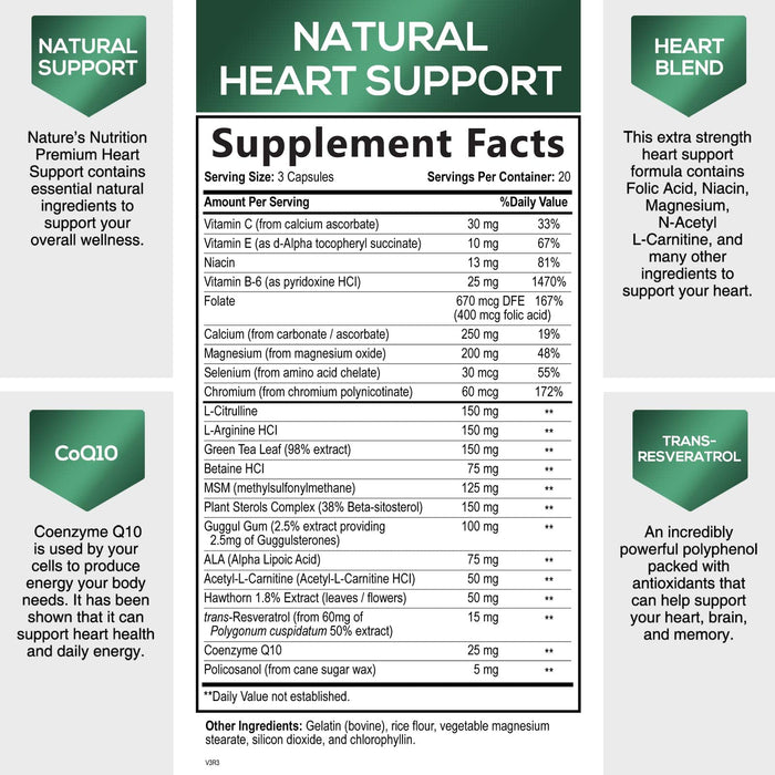 Heart Supplements 1650mg for Heart Health Support with CoQ10, L-Arginine, Magnesium, Hawthorn - 22 Natural Heart Vitamins & Extracts to Support Nitric Oxide & Energy Production, and More - 60 Capsules