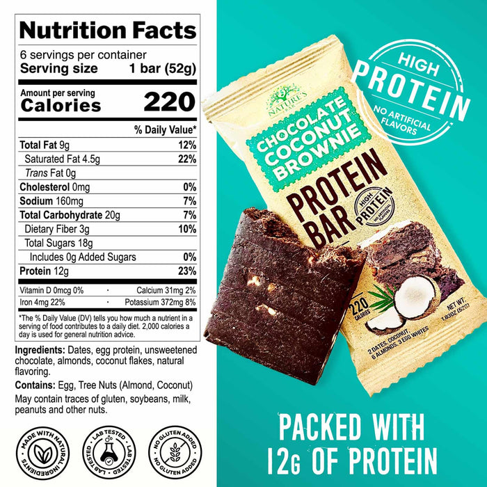 Chocolate Brownie Protein Bars, High Protein, Low Sugar, Low Carb, Meal Replacement Bar Supports Energy, Gluten Free, Pure, Nature's Protein Recover Bars, 1.83 oz