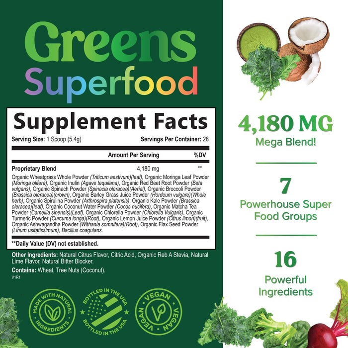 Organic Super Greens Powder Superfood - Original Organic Greens Superfood Smoothie Mix Powder, Antioxidants & Probiotics, Spirulina, Chlorella, Whole Foods, Digestive & Gut Health Support, 28 Servings