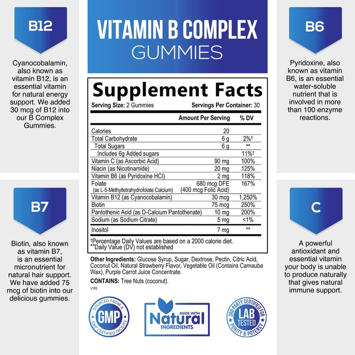 Nature's Nutrition - Nature’s Super B Complex Gummy with Vitamin C & Folic Acid, Extra Strength Vitamin B Supplement Complex with Niacin, B6, Folic Acid, B12, Biotin
