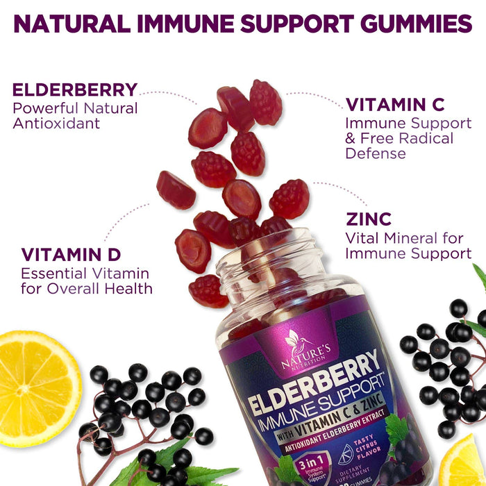 Immune Support Gummies - Powerful Elderberry, Zinc & Vitamin C Gummy, Max Potency Sambucus Black Elderberry Extract Natural Vegan Immune Support Supplement for Adults & Children