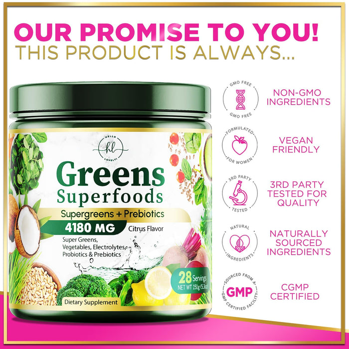 Hello Lovely! Greens Blend Superfood - Super Greens Powder Smoothie Mix, Energy & Digestive Health Support w/Probiotics, Organic Spirulina, Chlorella, Beet Root, Vegan Green Powder - 28 Servings