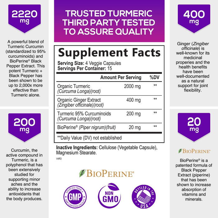 Turmeric Curcumin with BioPerine & Ginger 95% Standardized Curcuminoids 2600mg Black Pepper for Max Absorption Joint Support, Nature's Tumeric Herbal Extract Supplement, Vegan, Non-GMO