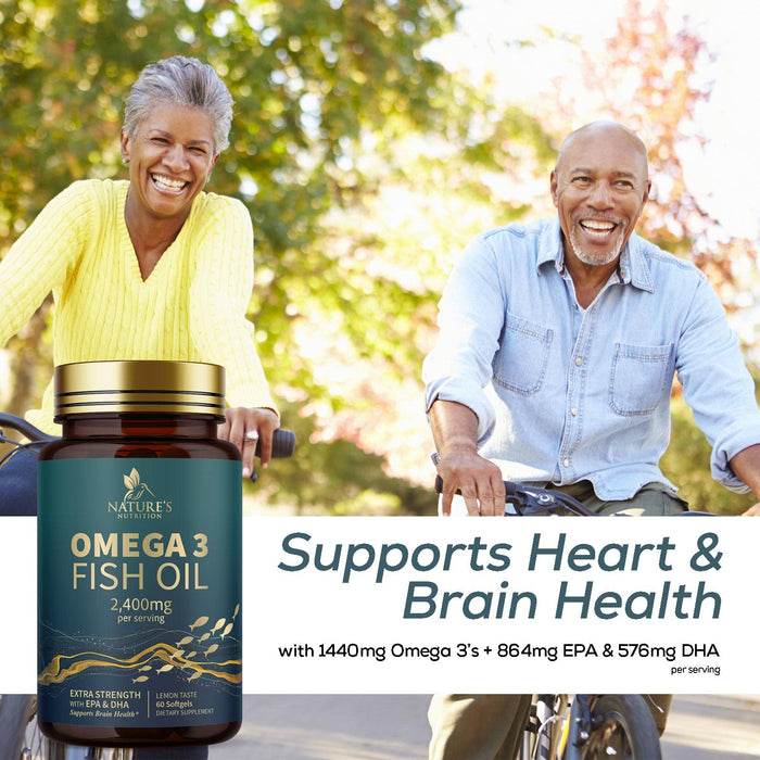 Omega 3 Fish Oil Supplement - Triple Strength Omega 3 Fish Oil Supplement with EPA & DHA - 1440 mg Omega-3 - Natural Support for Heart & Brain Health - Non-GMO, Lemon Flavor