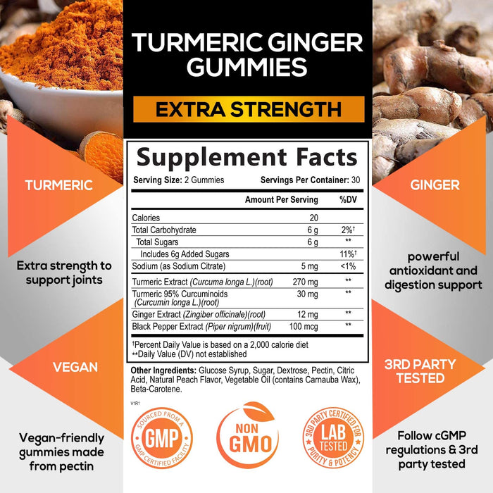 Turmeric Curcumin & Ginger Gummies 95% Curcuminoids with Black Pepper Extract for Max Absorption Joint Support, Nature's Tumeric Herbal Extract Supplement, Vegan Gummy Capsules, Non-GMO
