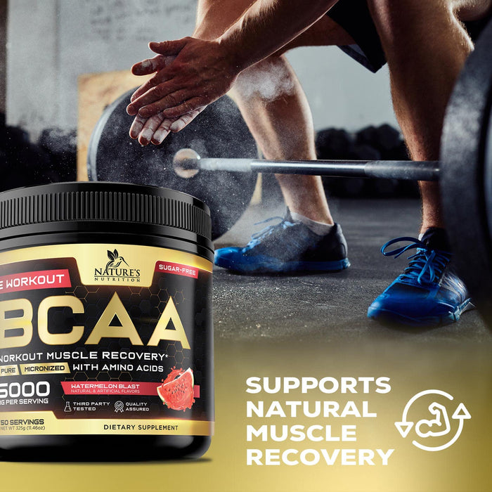 BCAA Powder - Post Workout Muscle Recovery Support Supplement, Pre Workout Energy 2:1:1 with Essential Amino Acids, Keto, Sugar-Free, 4g BCAAs plus 1g Glutamine per Serving, Watermelon - 50 Servings