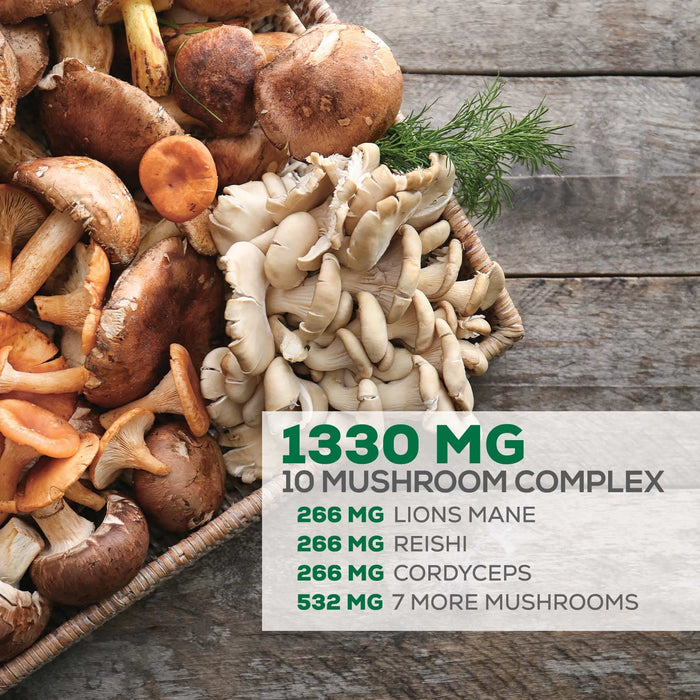 Mushroom Supplement - 10 Mushroom Complex Blend - Lions Mane, Reishi, Turkey Tail, Chaga, Cordyceps, Shiitake, Maitake - Nootropic Brain Supplement, Memory, Focus, Immune Health Support