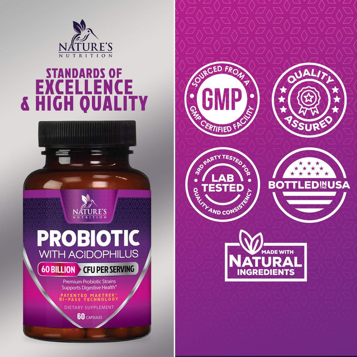 Probiotics, 60 Billion CFU per Serving, Probiotic with Prebiotics for Digestive & Immune Health Support for Women & Men - Nature's Supplement is Shelf Stable, Soy, Dairy & Gluten Free
