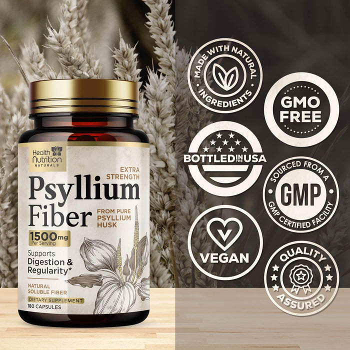 Fiber Supplement Psyllium Husk Caps 1500mg - Plant Based, High Absorption, Natural Soluble Fiber Supplements Non-GMO, Gluten Free Digestive Health & Intestinal Support, Psyllium Fiber - 180 Capsules