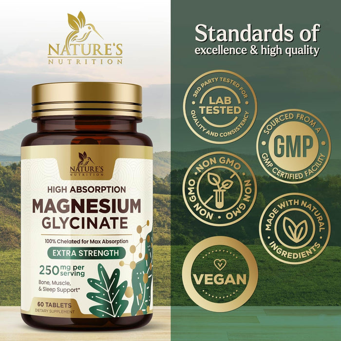 High Absorption Magnesium Glycinate Supplement, 250 mg, Best Magnesium Supplement 100% Chelated for Max Absorption